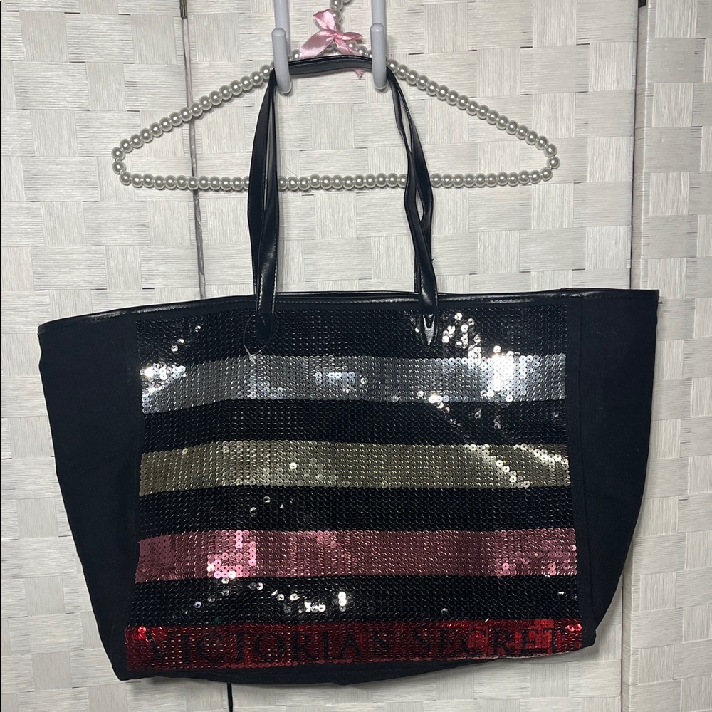 Victoria's Secret Black Sequin Stripe Beach Tote Silver, Gold & Pink Accents